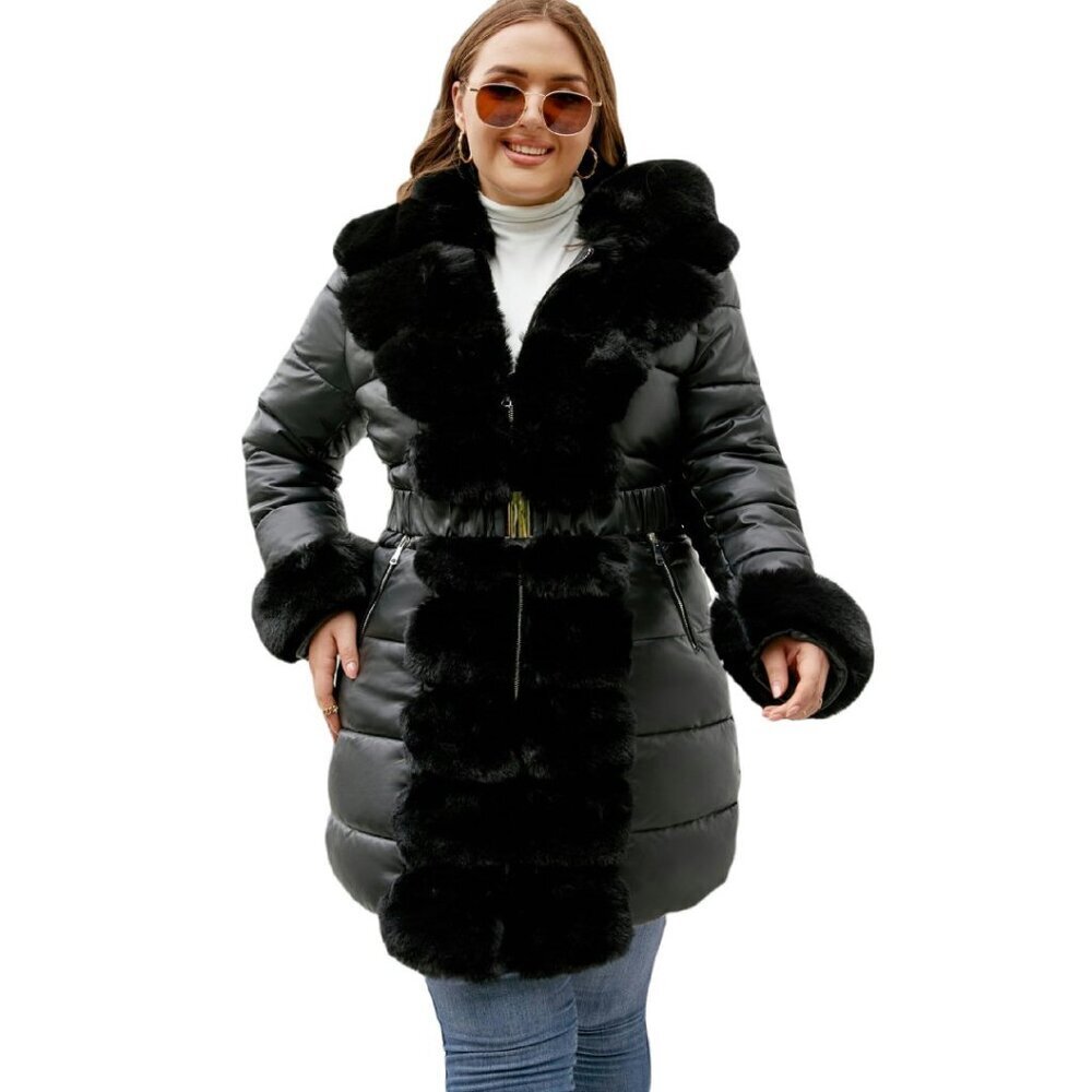 Plus Size Oversized Winter Puffer Coat with Faux Fur Trim Hooded